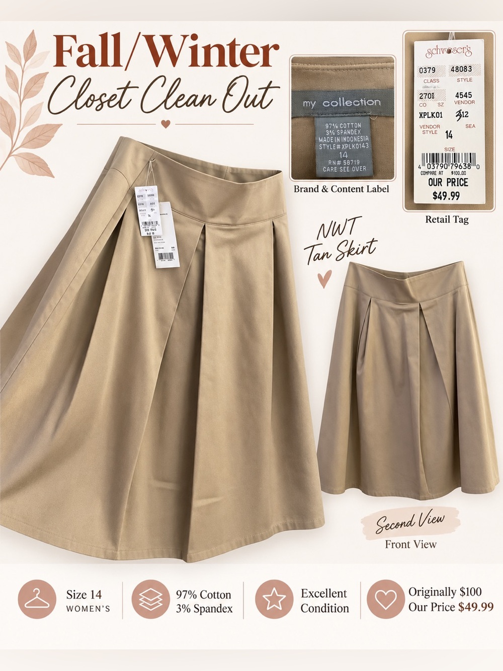 NY Collection Tan Circle Skirt with Pleats